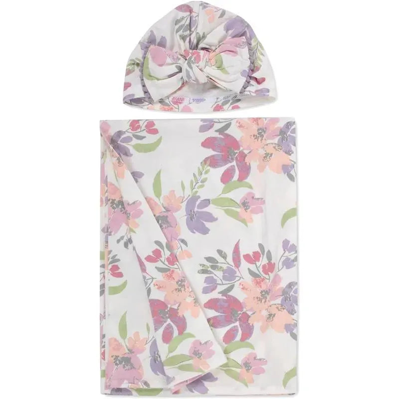 A.D Sutton - Baby Cotton Swaddle Blanket Wrap with Headband or Hat Set, Lilac Flower Image 4