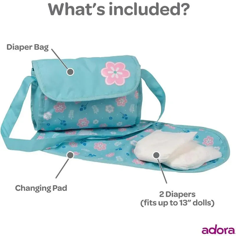 Adora - Baby Doll Diaper Bag, Includes Changing Mat and 2 Doll Diapers, Blue Flower Power Image 7