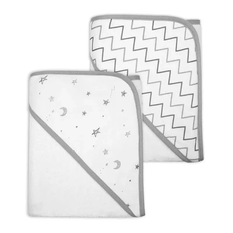 American Baby - TL Care Terry 2 Pack Hooded Towels, Organic Cotton, Grey Stars/Grey Zigzag Image 1