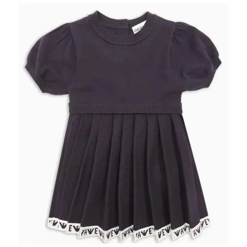 Armani Baby - Girl Short Sleeve Pleated Dress Logo, Navy Image 1