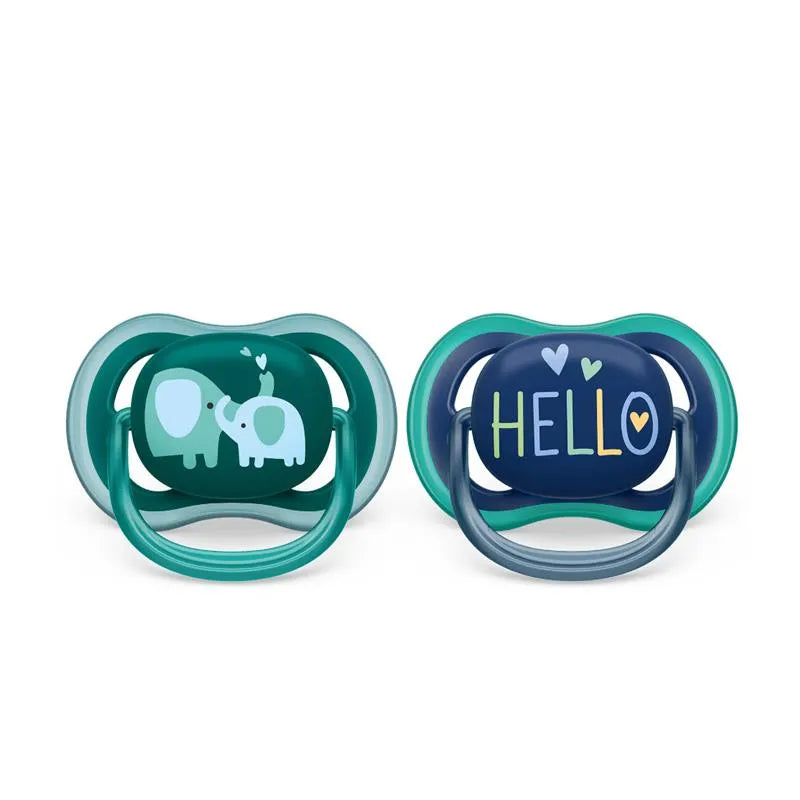 Avent - Ultra Air Pacifier 18M+, Opal Elephant / Blue Hello, 2 Pack Image 1