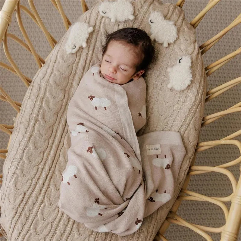 Bleu La La - 100% Luxury Cotton Swaddle Receiving Baby Blanket, Sheep Ivory Image 9