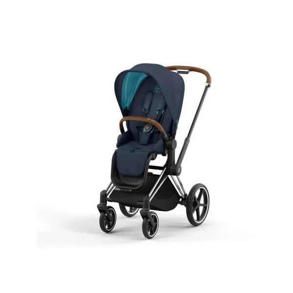 Cybex Priam 4 Stroller - Chrome/Brown Frame And Nautical Blue Seat Pac