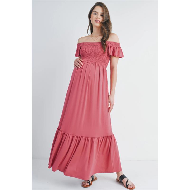 Hello Miz - Off The Shoulder Maternity Ruffled Maxi Dress, Dark Rose Image 1