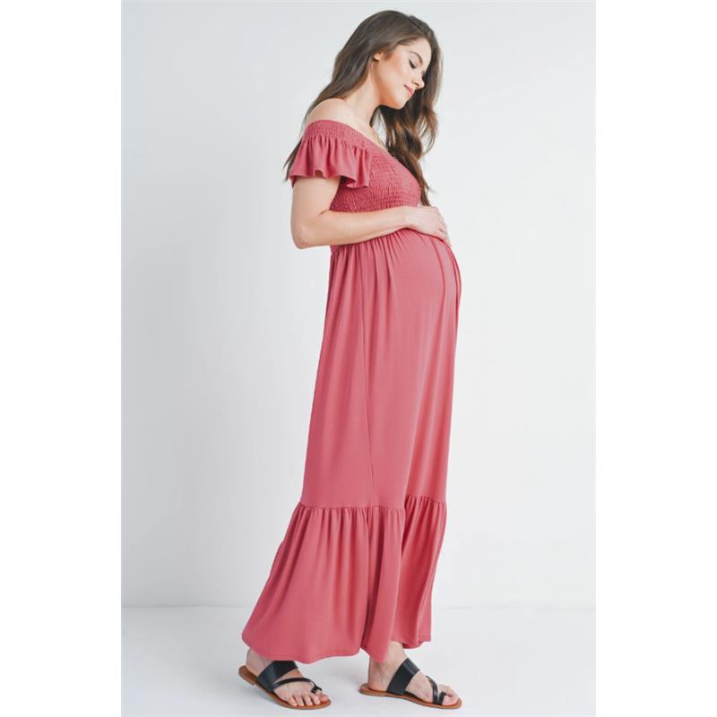 Hello Miz - Off The Shoulder Maternity Ruffled Maxi Dress, Dark Rose Image 3