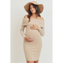 Hello Miz - Ribbed Off The Shoulder Bodycon Maternity Dress, Sand Image 1