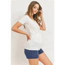 Hello Miz - Ruched High V-Neck Short Sleeve Maternity T-Shirt, Ivory Image 2