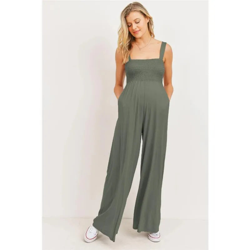 Hello Miz - Sleeveless Smocked Maternity Wideleg Jumpsuit, Olive Image 3