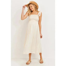 Hello Miz - Smocked Tie-Shoulder Maternity Midi Dress, Oatmeal Image 1