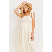 Hello Miz - Smocked Tie-Shoulder Maternity Midi Dress, Oatmeal Image 2