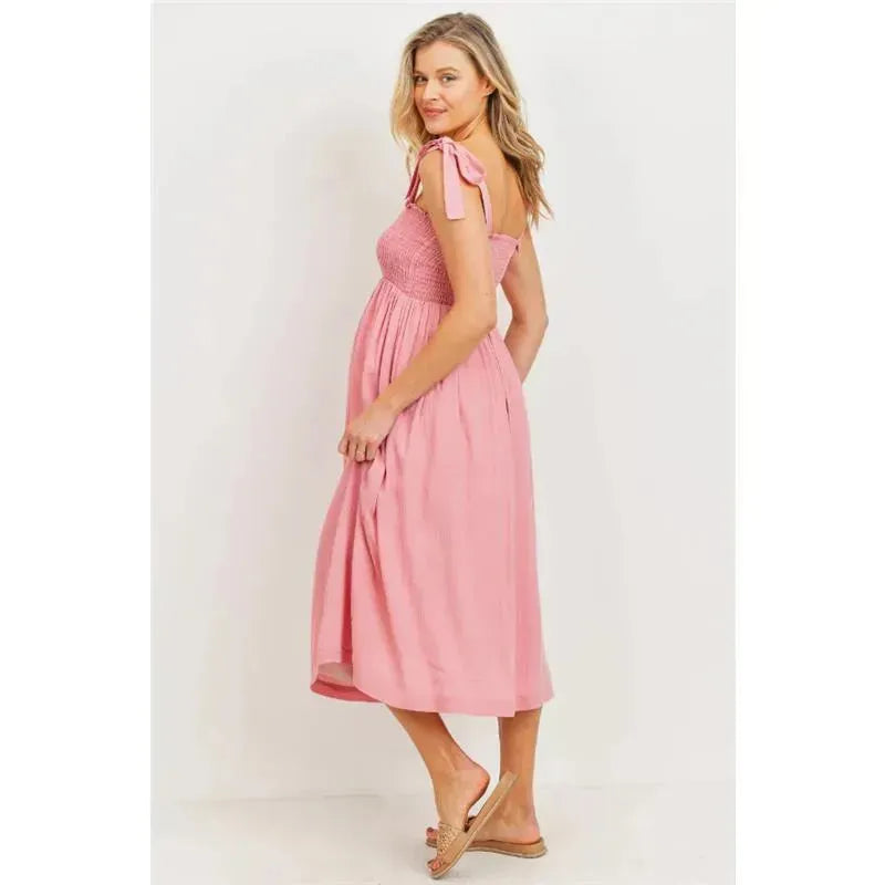 Hello Miz - Smocked Tie-Shoulder Maternity Midi Dress, Pink Image 3