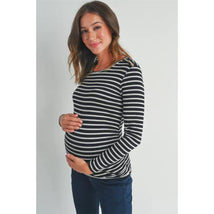 Hello Miz - Striped Button Trim Long Sleeve Maternity Top, Black Image 1