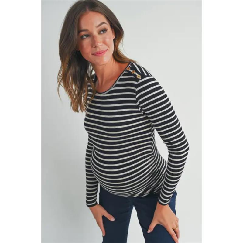 Hello Miz - Striped Button Trim Long Sleeve Maternity Top, Black Image 3