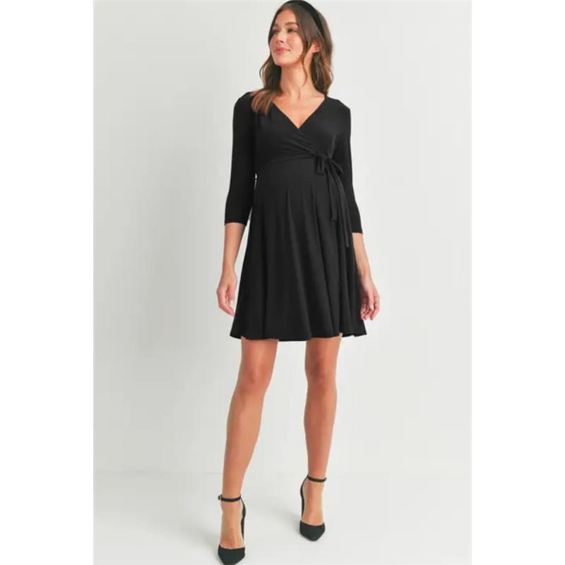 Hello Miz - Surplice Quarter Sleeve Nursing Waist Tie Dress, Black Image 3