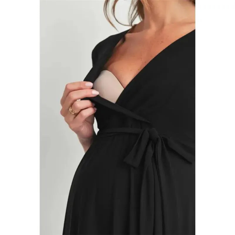 Hello Miz - Surplice Quarter Sleeve Nursing Waist Tie Dress, Black Image 4