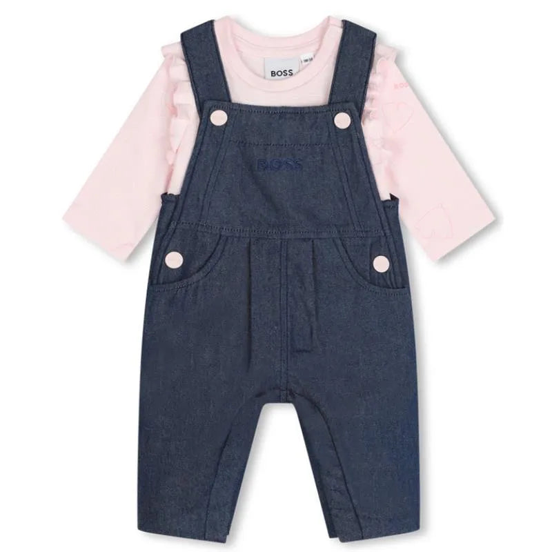 Hugo Boss Baby - Long Sleeve Tee & Overalls & Blanket Set, Denim/Pink Image 1