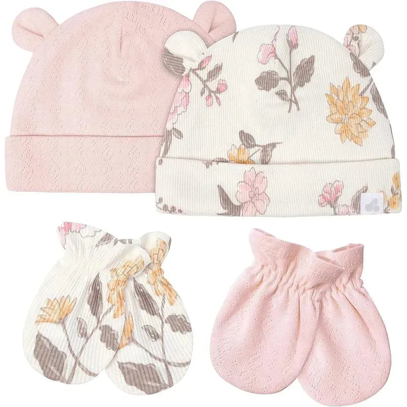 Just Born - Baby-girls 4-piece Caps & Mittens SetMittens, Dusty Pink and Floral, 0-6M Image 1