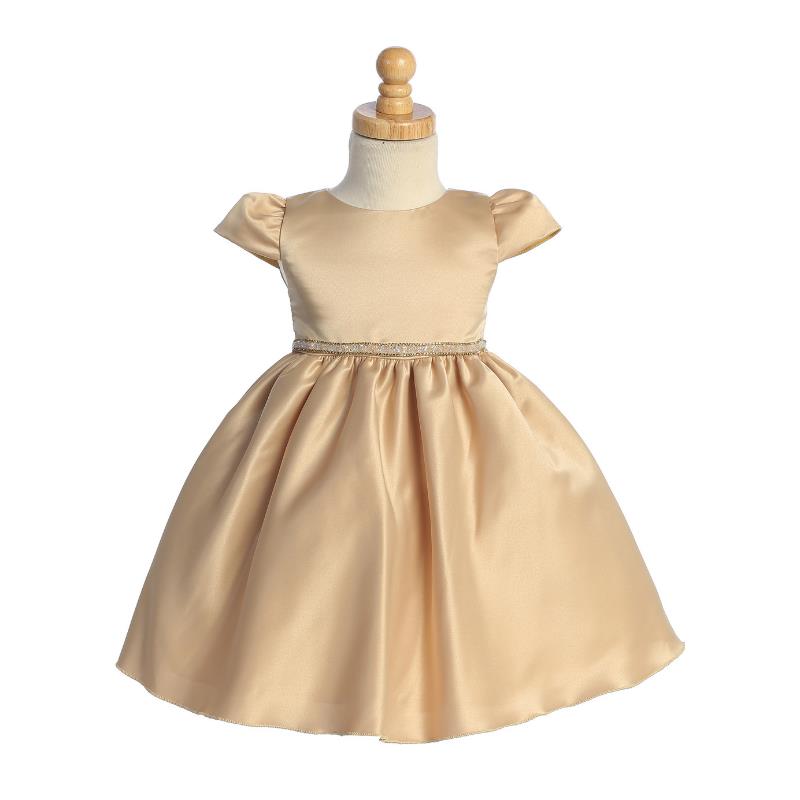 Lito - Baby Girl Satin Dress With Beads & Rhinestone Trim, Gold Image 1