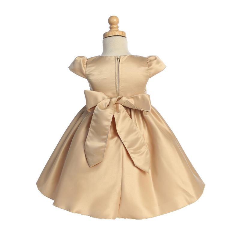 Lito - Baby Girl Satin Dress With Beads & Rhinestone Trim, Gold Image 2