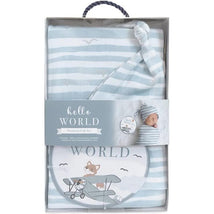 Living Textiles - Baby Gift Set, Hello World, Premium Cotton Jersey Swaddle and Beanie, Blue Bird Stripes Image 2