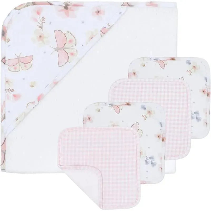 Living Textiles - Baby Hooded Towel 5pc Bath Gift Set, Fly Away, Pink Image 1