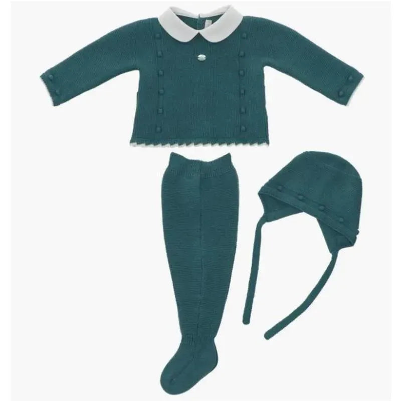 Martin Aranda - Take Me Home Set Petit Flowers Sweater, Leggins & Bonnet, Green Image 1