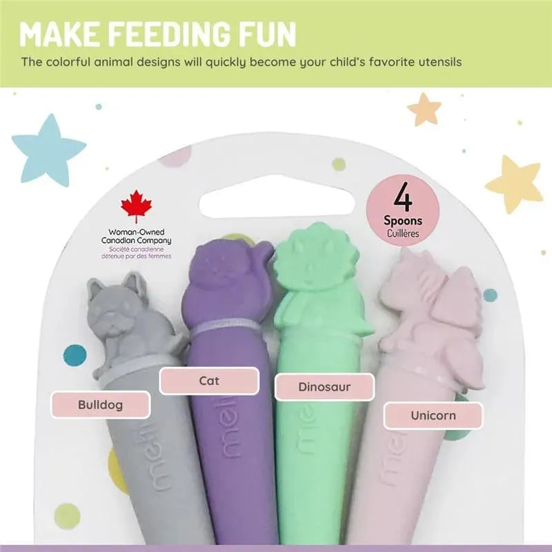 Melii - 100% Silicone Spoons, Baby and Toddler Feeding, BPA Free, 4 Piece Set, Dog, Cat, Unicorn, & Dino Image 4