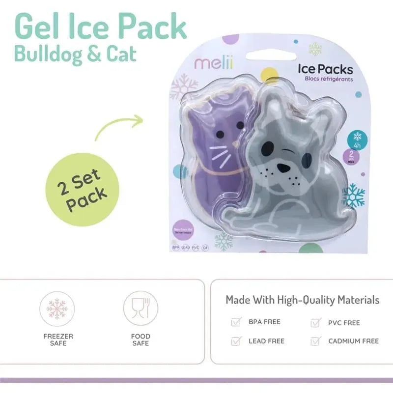 Melii - Gel Ice Packs, 2 Pack, Keep Lunches and Snacks Cool, Reusable, Bulldog & Cat Image 3