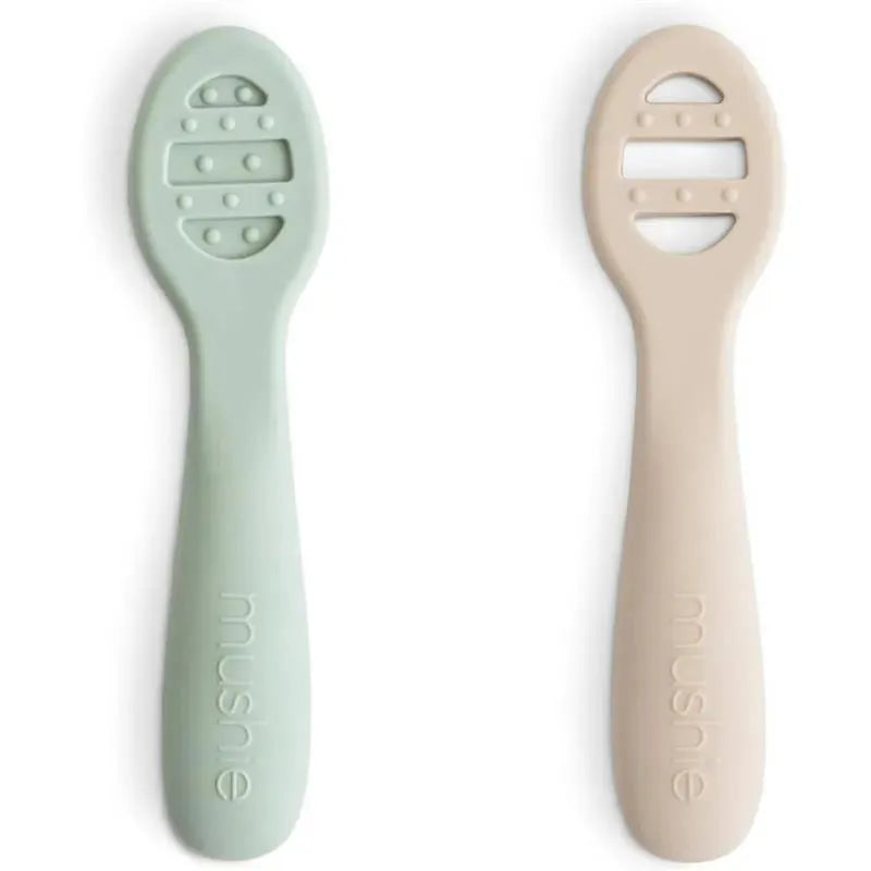 Mushie - Silicone First Feeding Baby Spoons, 2 Pack, Cambridge Blue, Shifting Sand Image 1