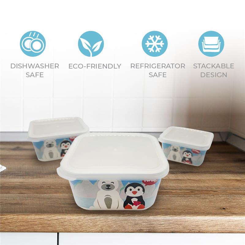 Primo Passi - Bamboo Fiber Kids Super Combo - Divided Square Plate, Square Bowl, Fork&Spoon, And 3 Food Container With Lids - Winter Friends Image 6