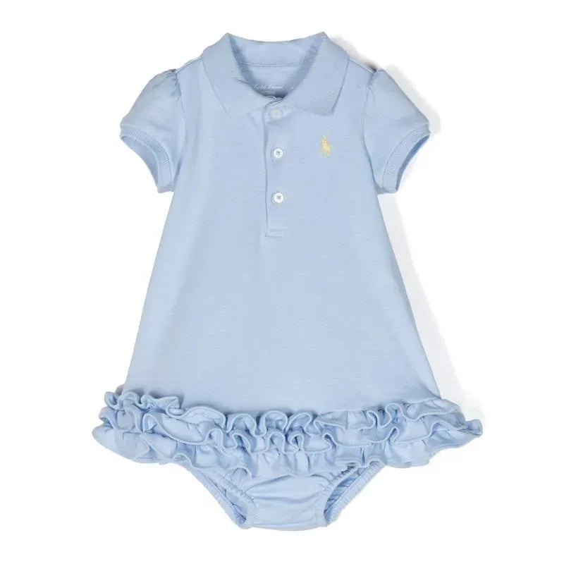 Ralph Lauren Baby - Short Sleeve Interlock Knit Cupcake Ruffle Polo Dress, Blue Image 1