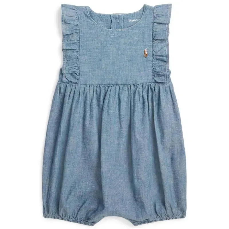 Ralph Lauren Baby - Sleeveless Chambray Ruffle Shortall, Denim Light Image 1