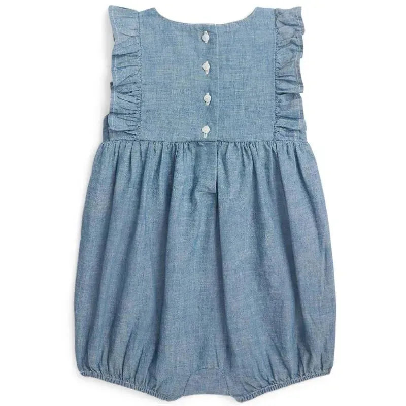 Ralph Lauren Baby - Sleeveless Chambray Ruffle Shortall, Denim Light Image 2