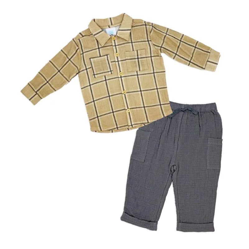 Rose Textile - 2Pk Baby Boys Gauze Pant Set, Beige Plaid Image 1