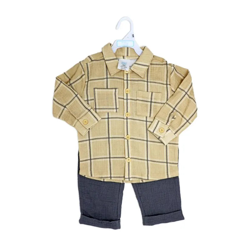 Rose Textile - 2Pk Baby Boys Gauze Pant Set, Beige Plaid Image 2