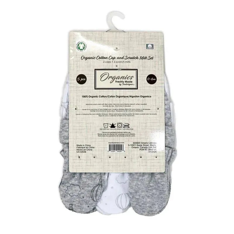 Rose Textiles - 100% Organic Cotton 5 Pack - Hat & Mitt Set, Grey Hot Air Balloon Image 6