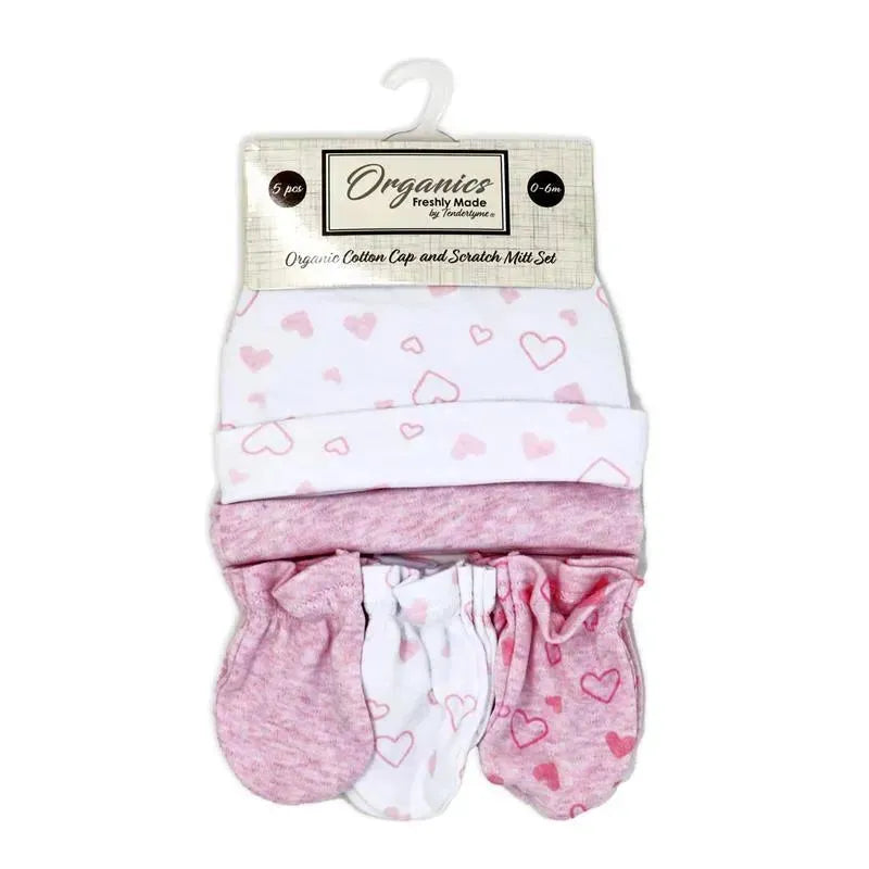 Rose Textiles - 100% Organic Cotton 5 Pack - Hat & Mitt Set, Pink Heart Image 2