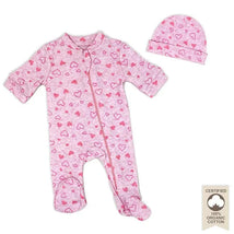 Rose Textiles - 100% Organic Heather Heart Sleeper + Hat, Pink  Image 1