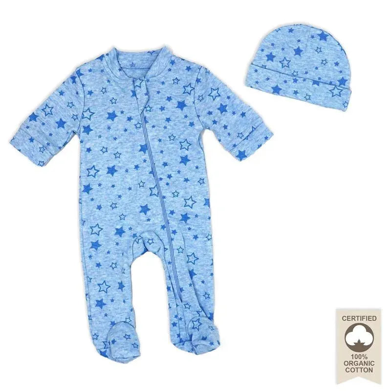 Rose Textiles - 100% Organic Heather Star Sleeper + Hat, Blue  Image 1