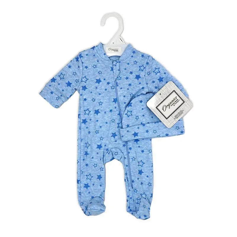 Rose Textiles - 100% Organic Heather Star Sleeper + Hat, Blue  Image 2