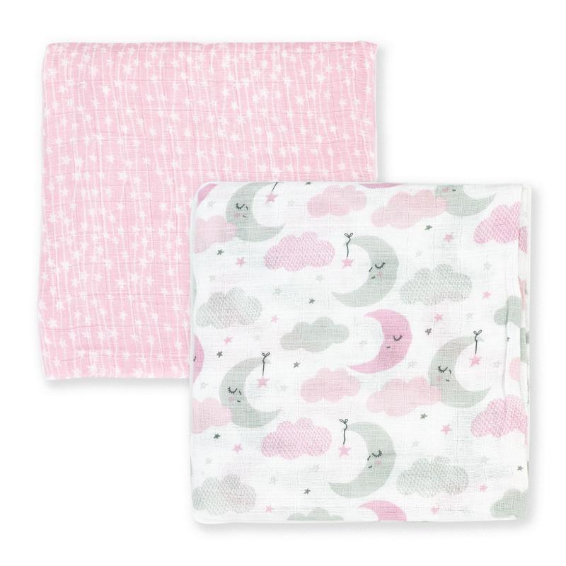 Rose Textiles - 2Pk Baby Girl Muslin Swaddle Blankets, Pink Star/Wave Image 2