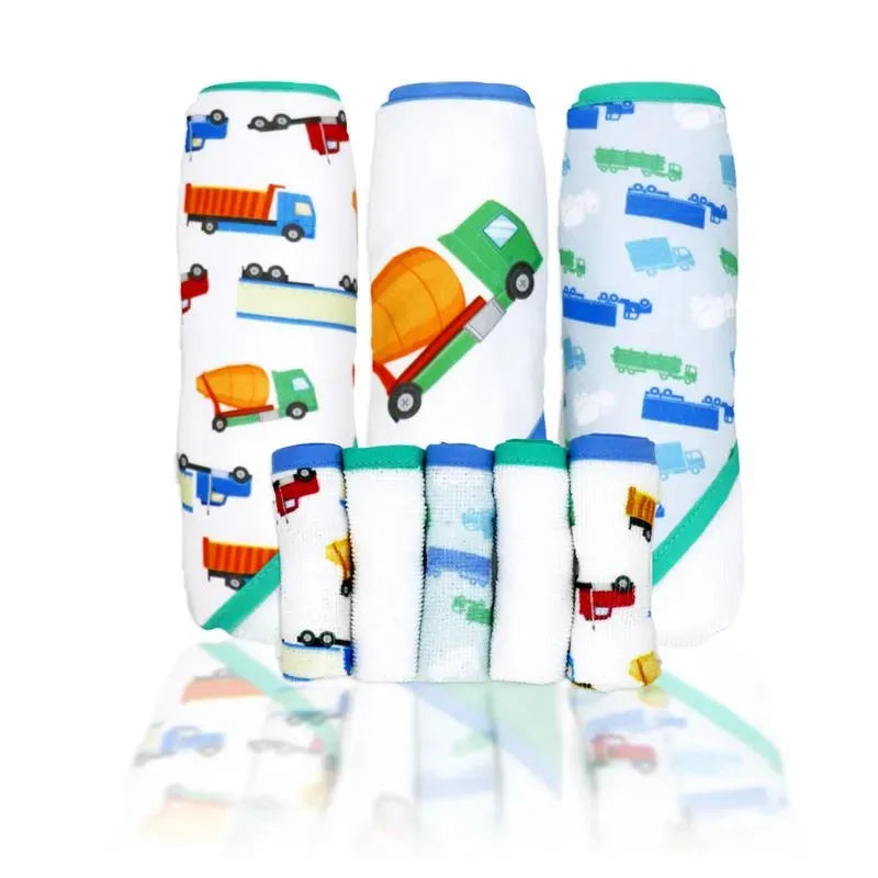 Rose Textiles - 3 Hooded Towels W/ 5 Washcloths:, Green Trucks Image 1