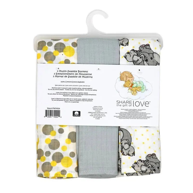 Rose Textiles - 3 Pack Muslin Swaddle Blanket, Elephant Yellow Image 3