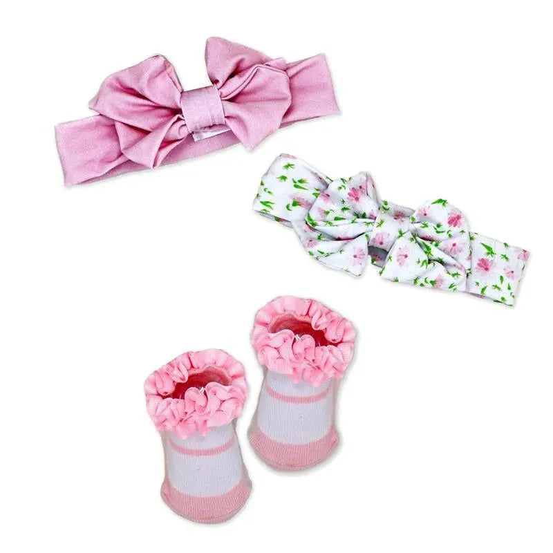 Rose Textiles - 3 Pc Socks And Bowties Set, Pink Flower Image 1