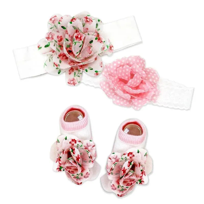 Rose Textiles- 3 Pc Socks And Bowties Set, Pink Flowers Image 1