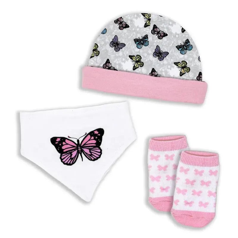 Rose Textiles - 3 Pcs Socks, Hat And Bib, Pink Butterfly Image 1