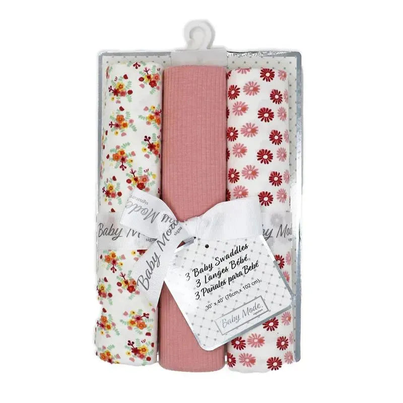 Rose Textiles - 3 Pk Knit Swaddles, Pink Daisies Image 2