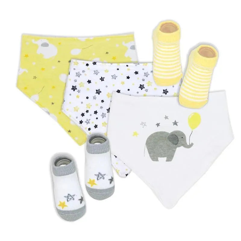 Rose Textiles - 5 Pc Bib And Socks Set, Yellow Elephant Image 1