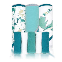 Rose Textiles- 8Pc Bath Set - 5 Hooded Towels W/ 3 Washcloths, Dino Image 1