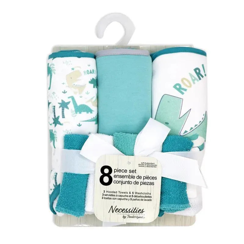 Rose Textiles- 8Pc Bath Set - 5 Hooded Towels W/ 3 Washcloths, Dino Image 2